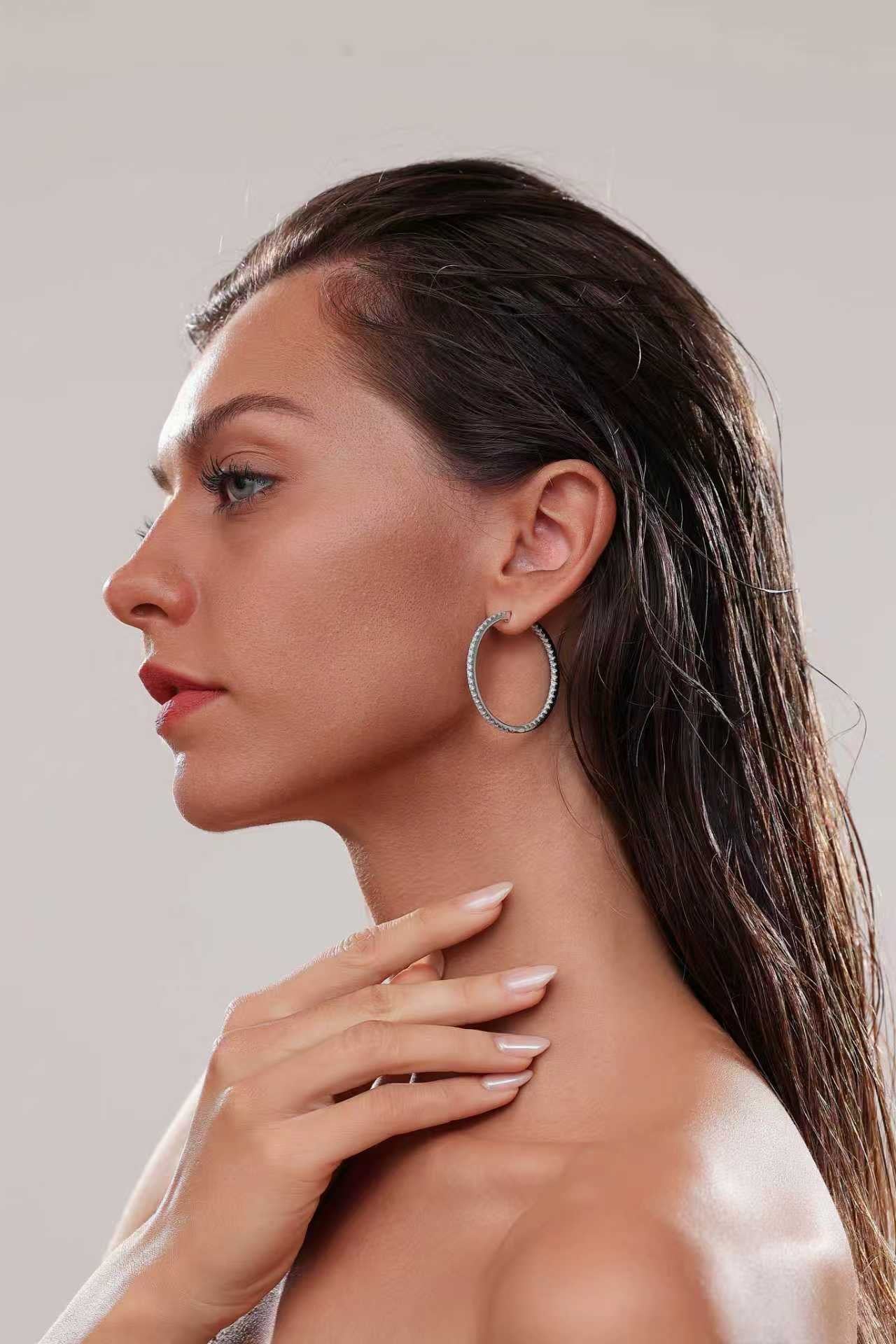 Mira Full Hoop Earrings - Solid 925 Sterling Silver, Rhodium-Plated, Moissanite