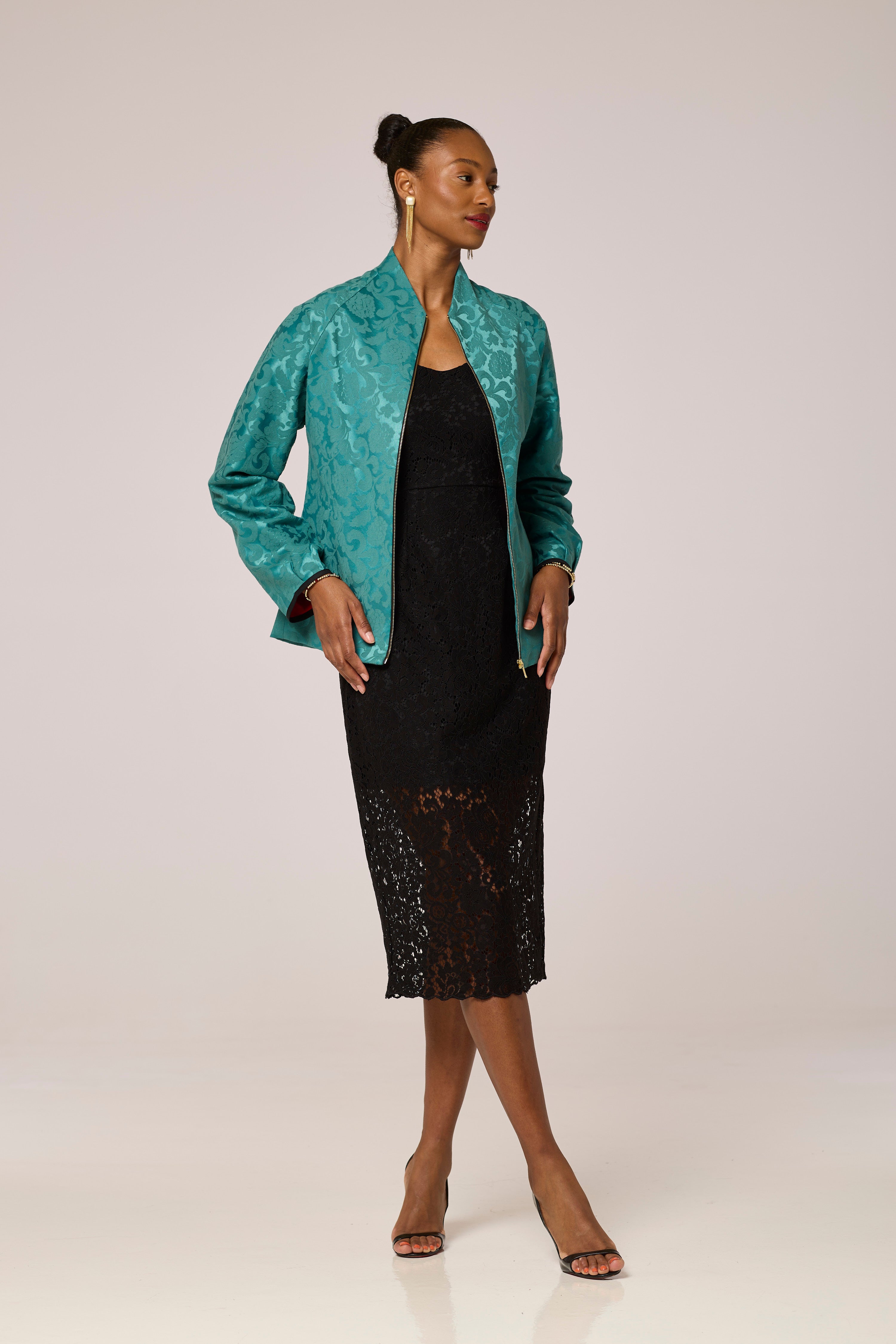 Emerald Elegance Jacquard Jacket
