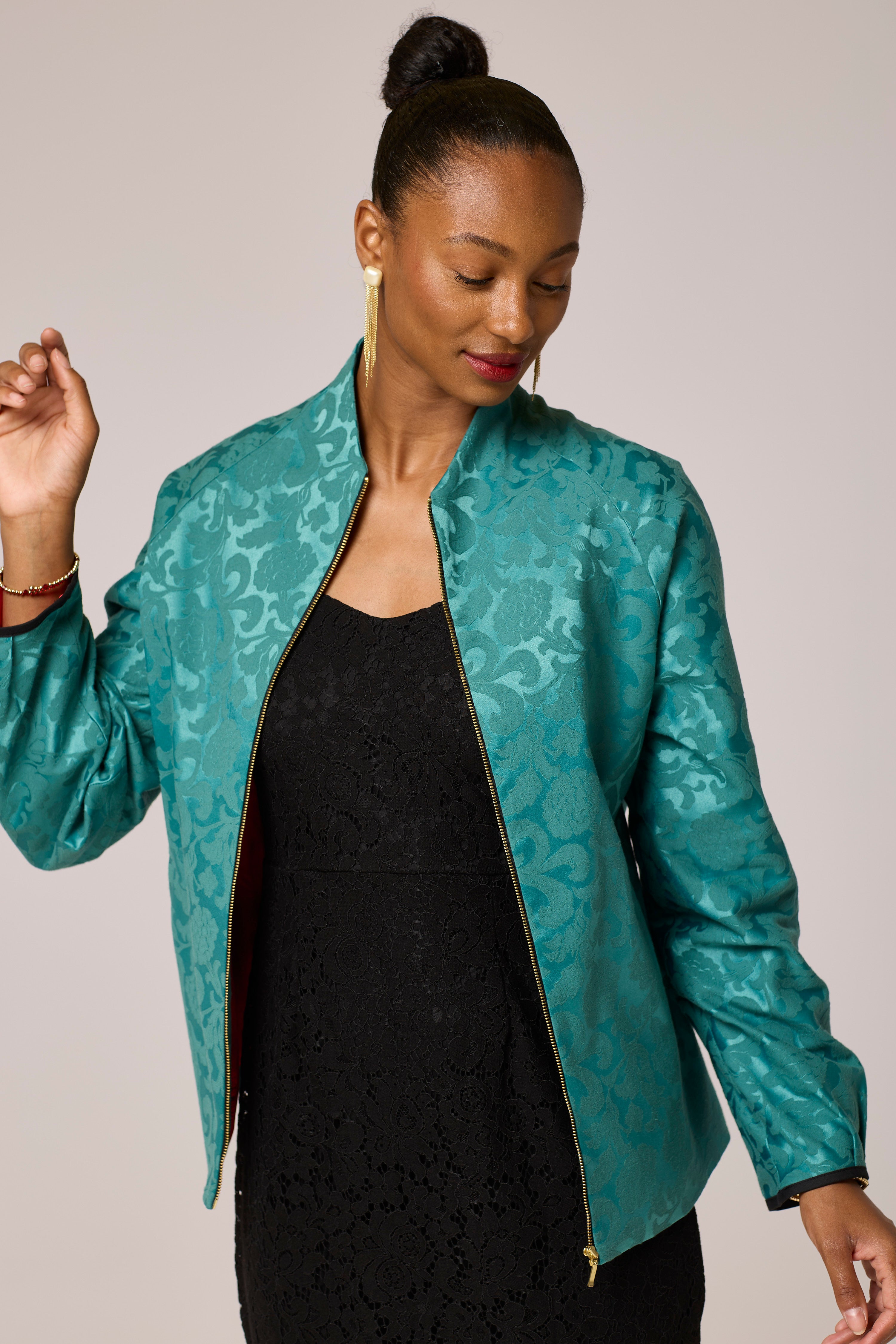 Emerald Elegance Jacquard Jacket