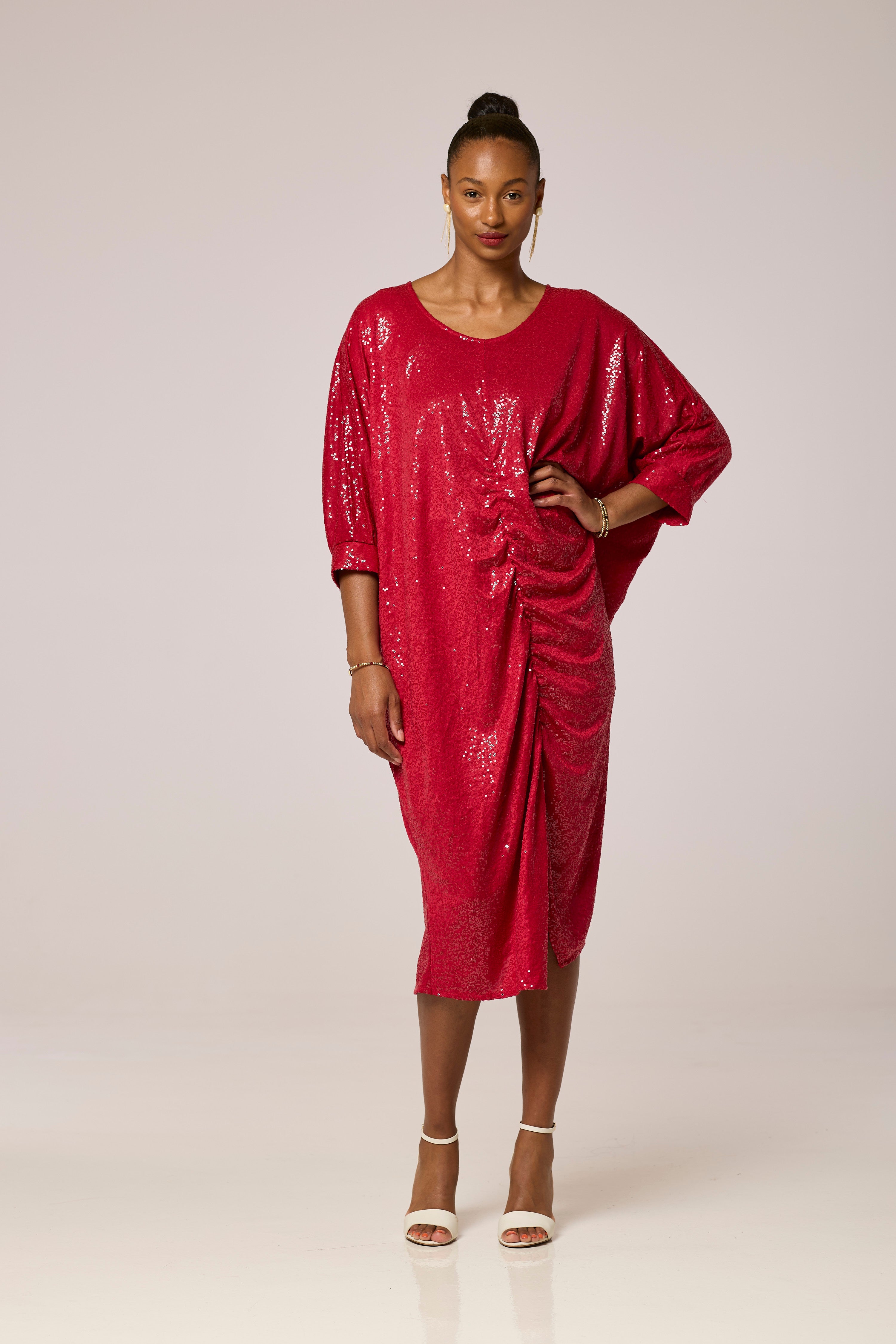 Cherry Red Sequined Midi Dress