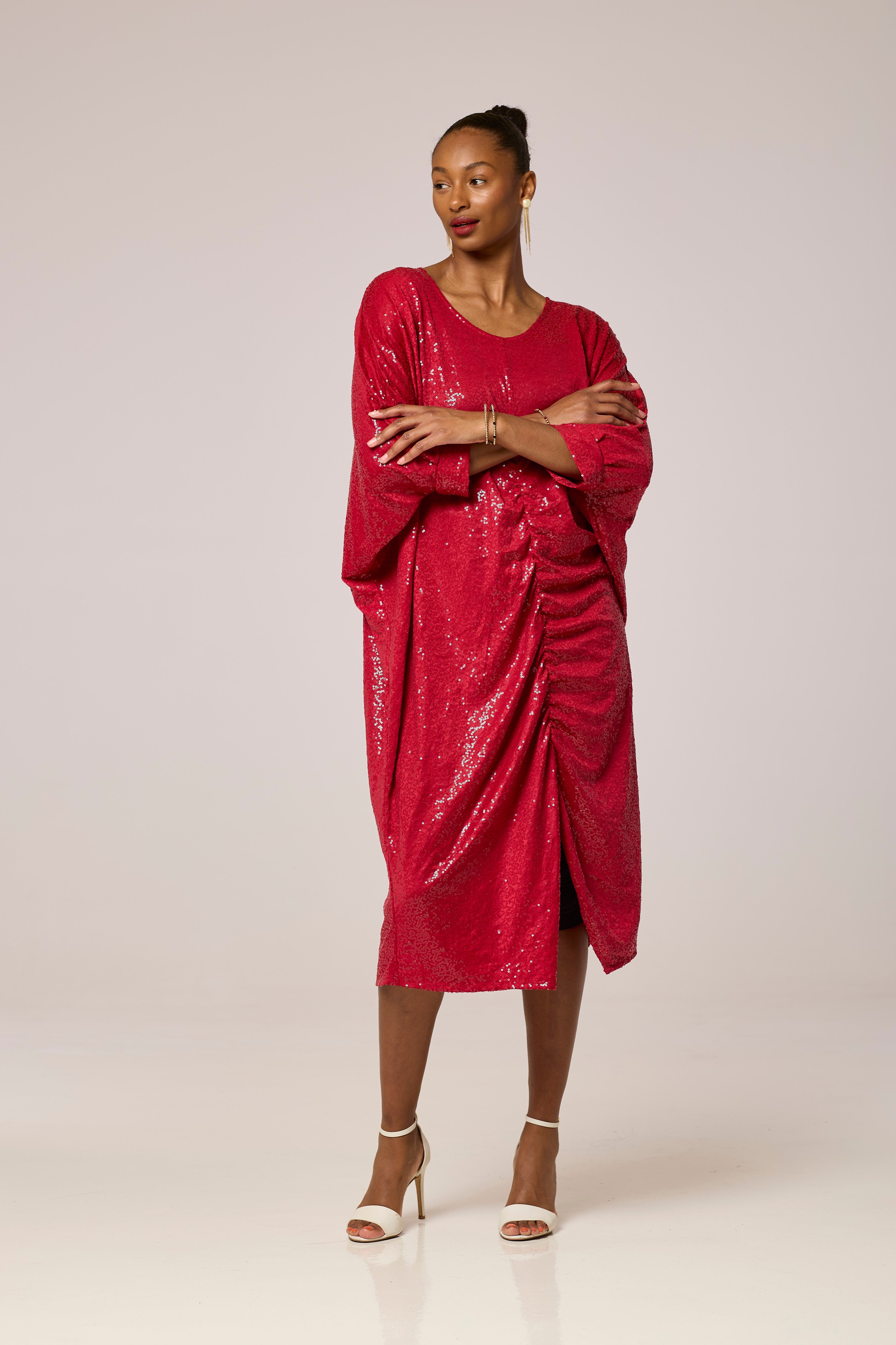 Cherry Red Sequined Midi Dress