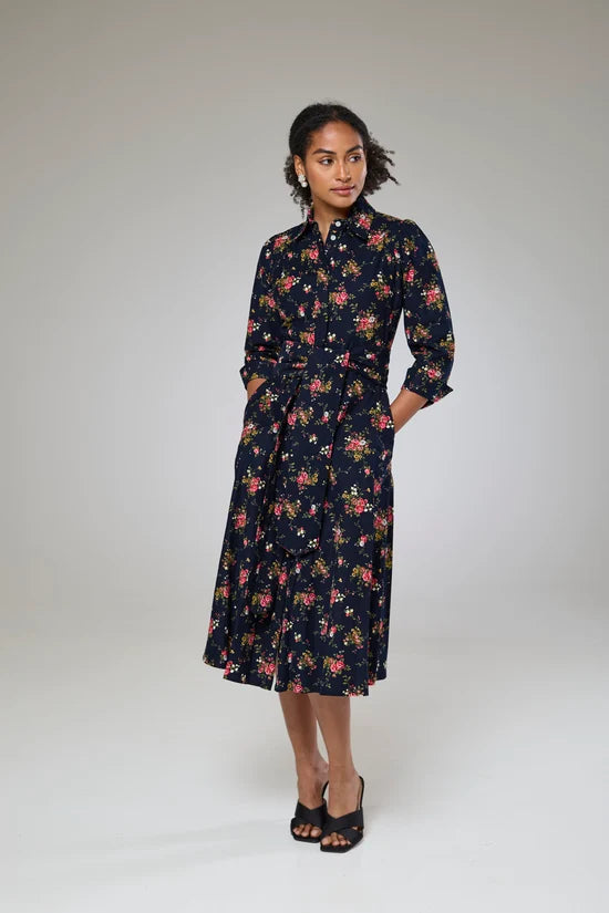 Navy Flora Cord Long Sleeve Dress