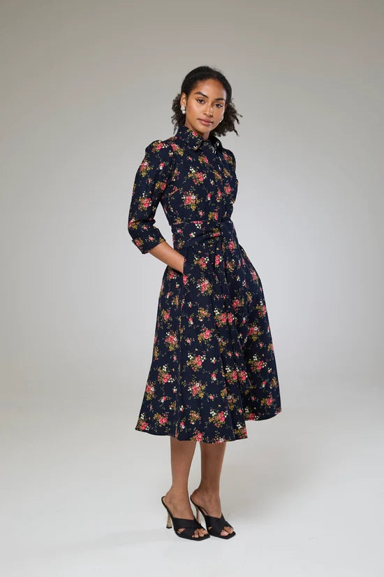 Navy Flora Cord Long Sleeve Dress