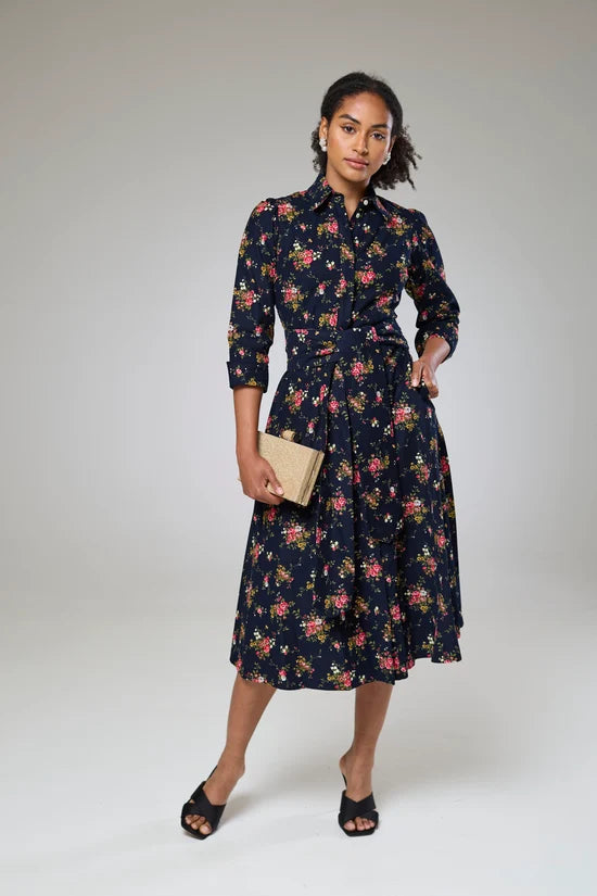 Navy Flora Cord Long Sleeve Dress