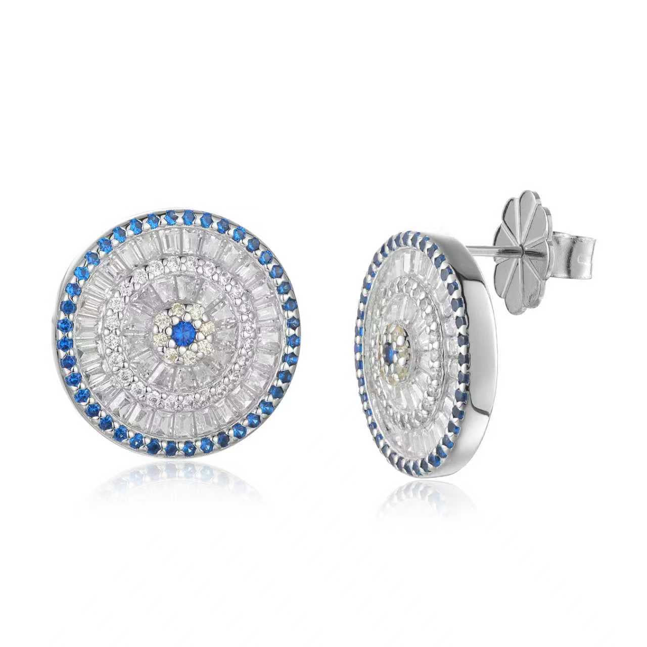 Blue Halo Studs - Solid 925 Sterling Silver, Rhodium-Plated