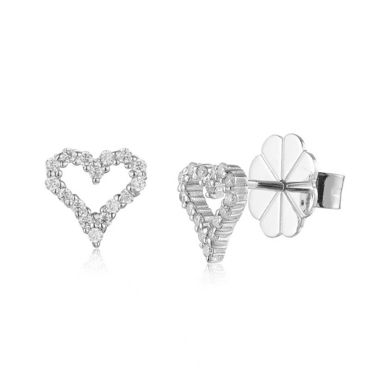 Open Heart Studs - Solid 925 Sterling Silver, Rhodium-Plated, Moissanite