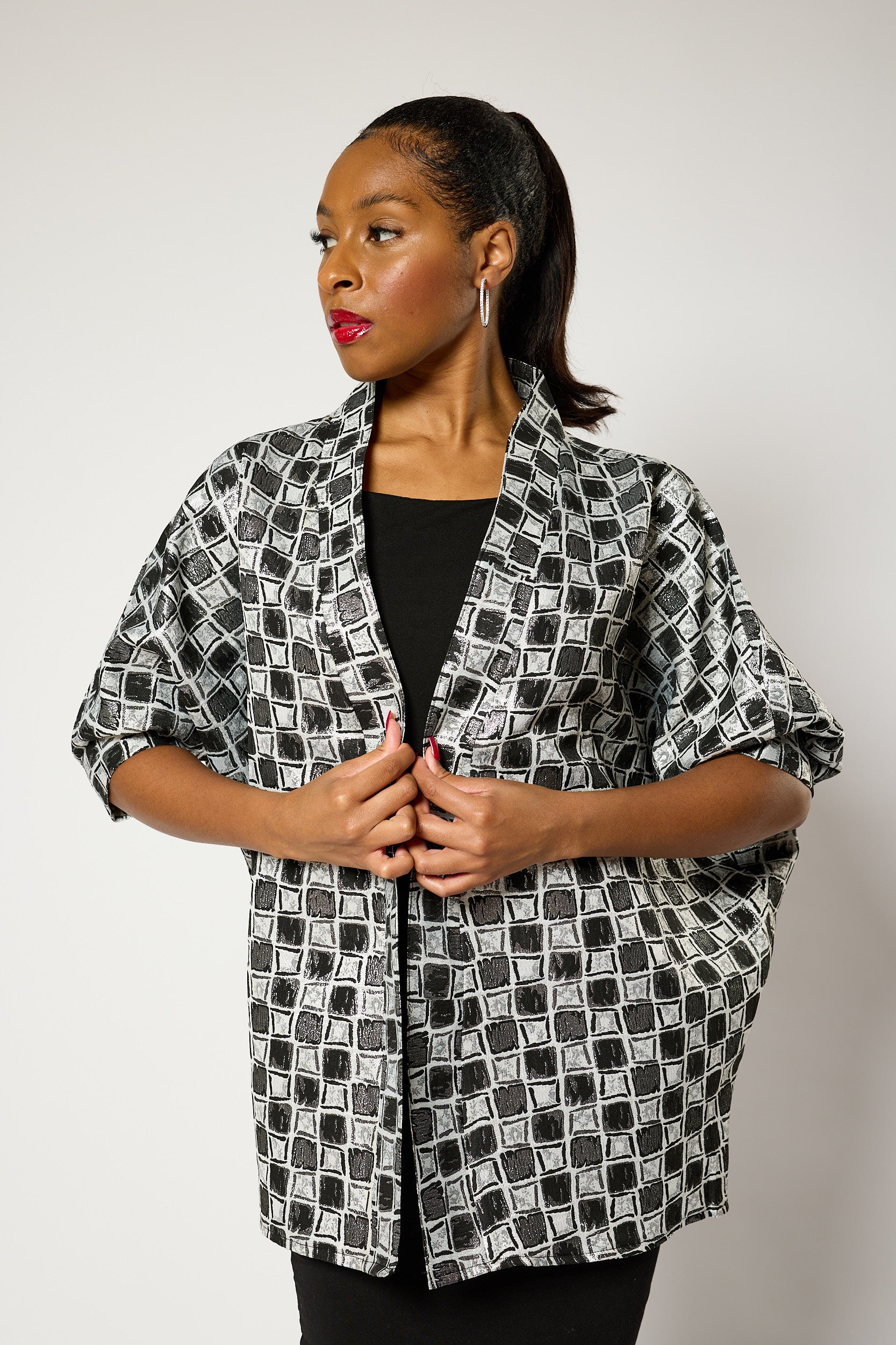 Short Checkered Kimono Jacket
