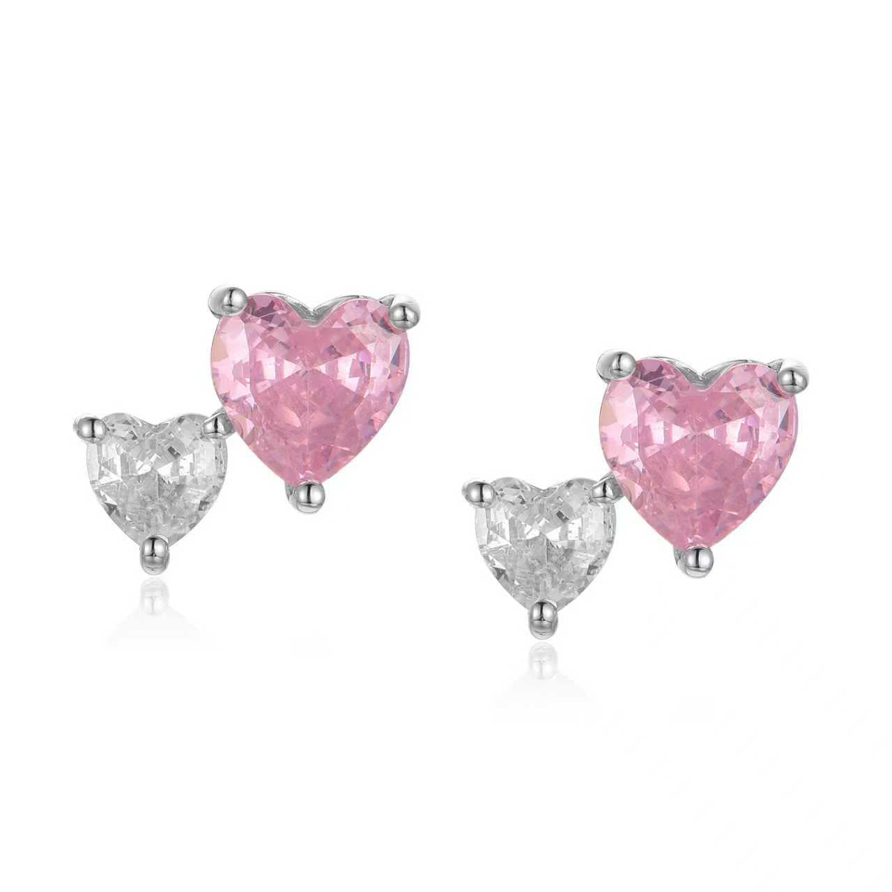 Amora Pink Heart Studs - Solid 925 Sterling Silver, Rhodium-Plated