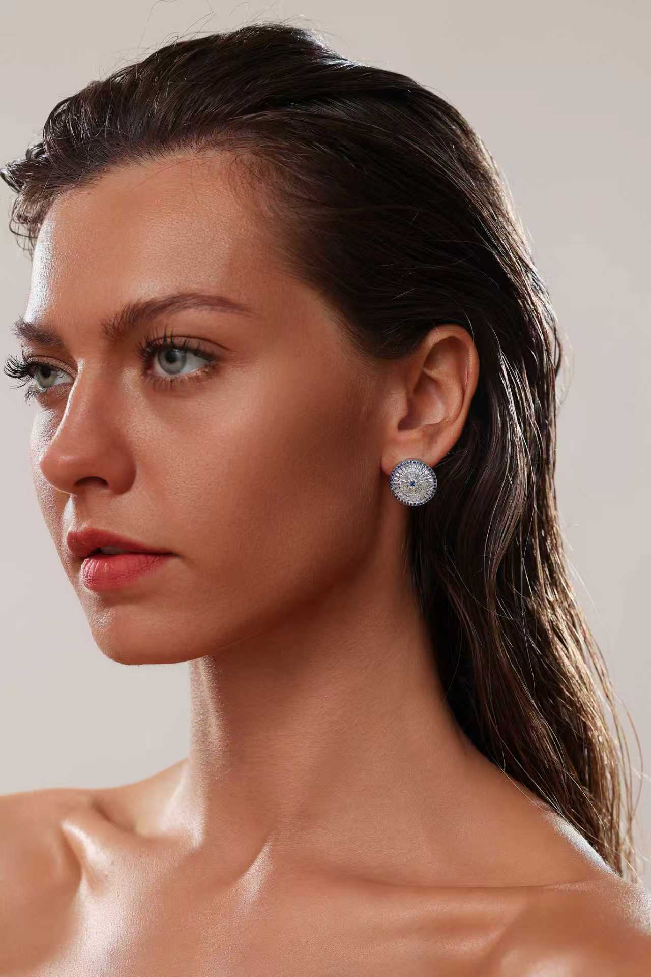 Blue Halo Studs - Solid 925 Sterling Silver, Rhodium-Plated