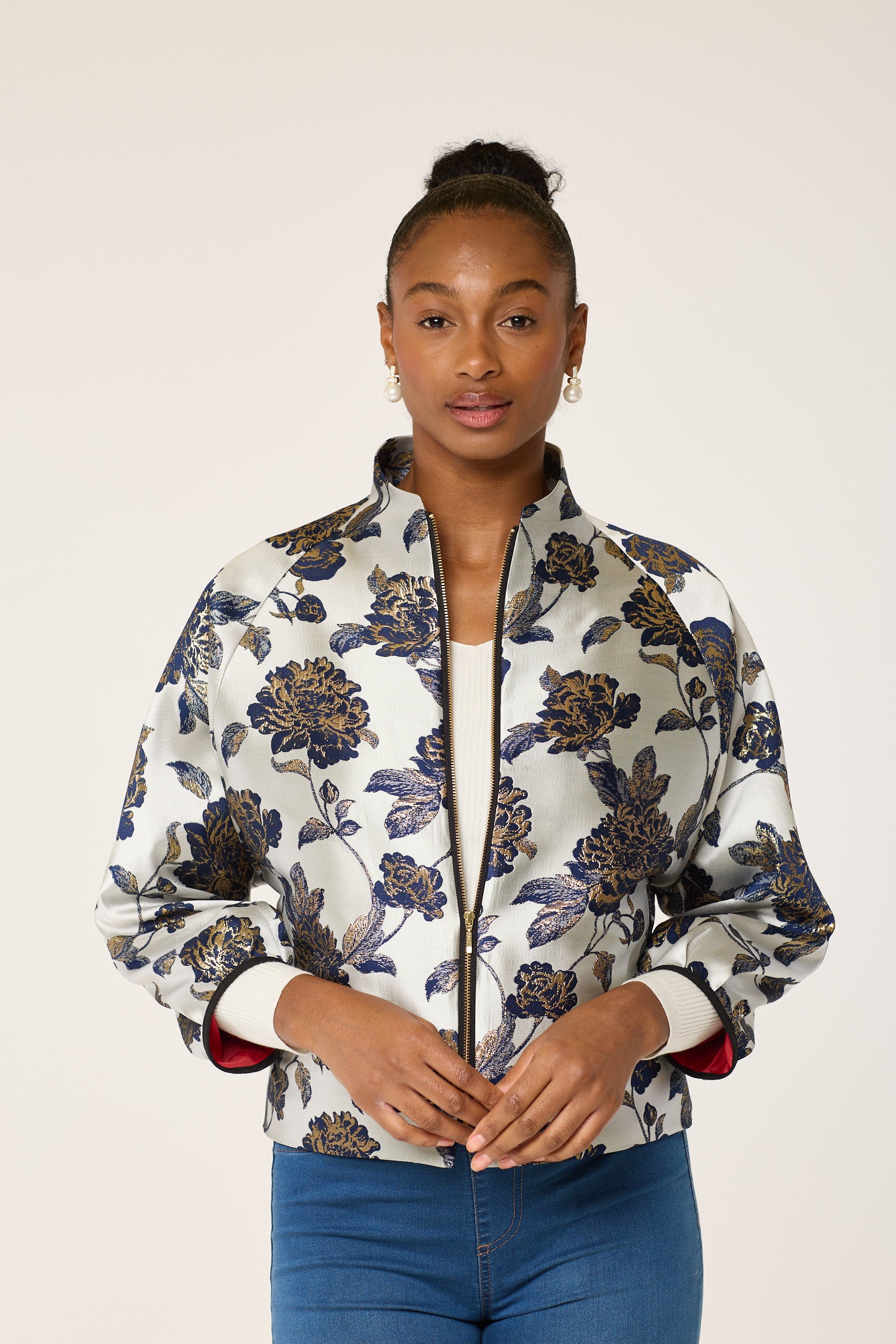 The Blue And Cream Flowery Nadine Jacket.