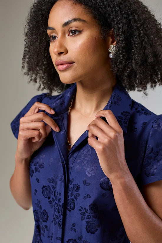 Royal Blue Petals Short Sleeve Shirt Dress