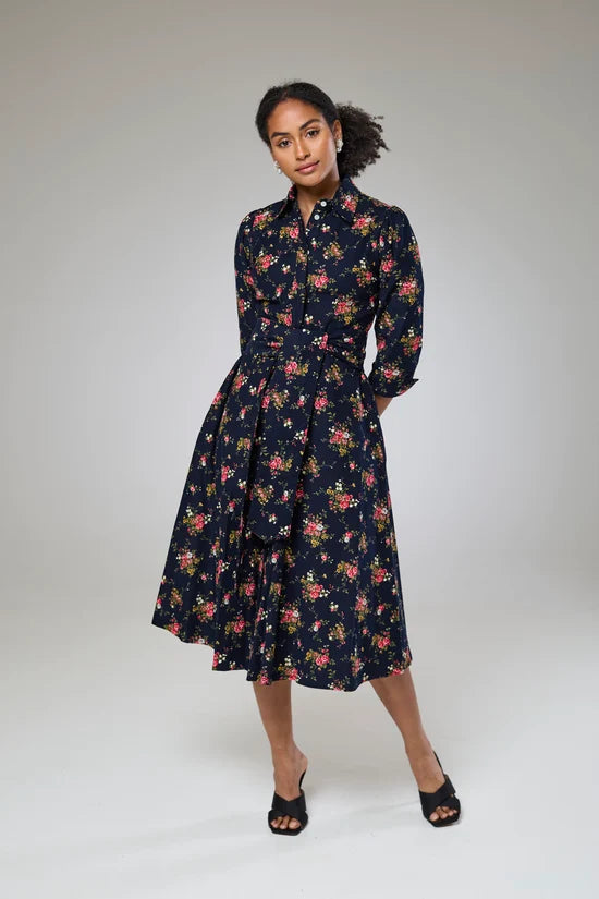 Navy Flora Cord Long Sleeve Dress