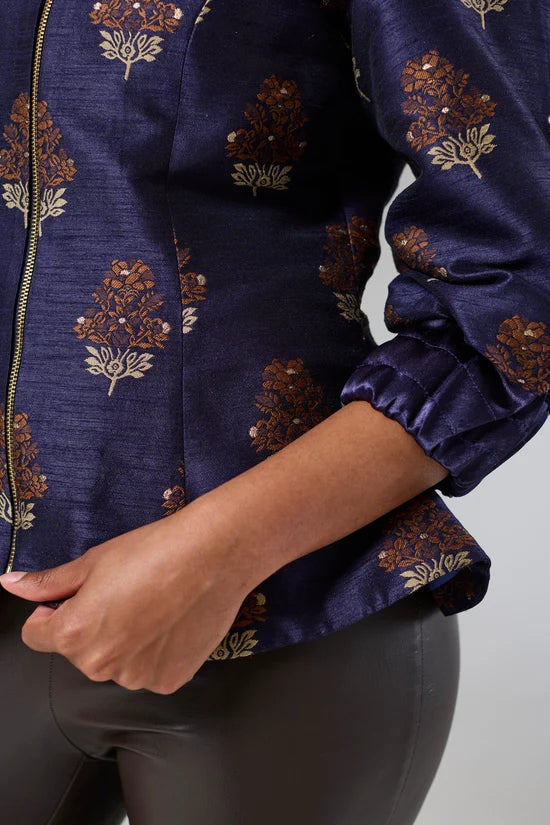 Auburn Embroidered Raw Silk Fitted Jacket Blouse