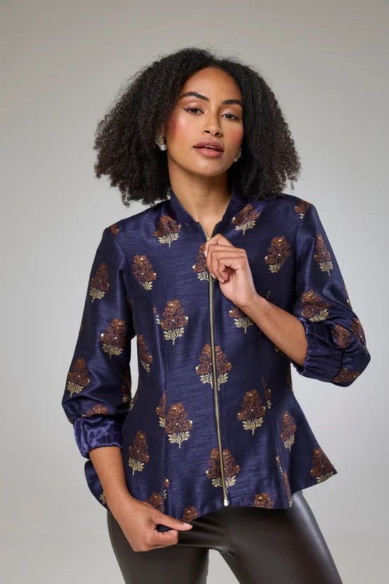 Auburn Embroidered Raw Silk Fitted Jacket Blouse