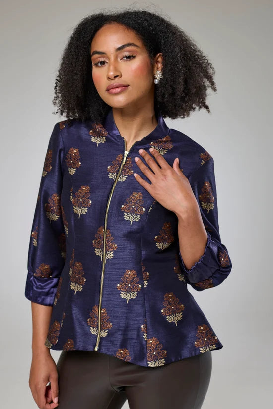 Auburn Embroidered Raw Silk Fitted Jacket Blouse