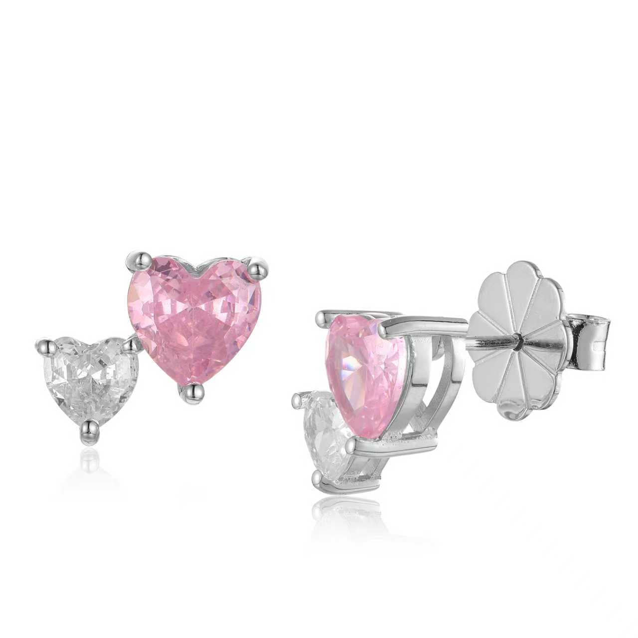 Amora Pink Heart Studs - Solid 925 Sterling Silver, Rhodium-Plated