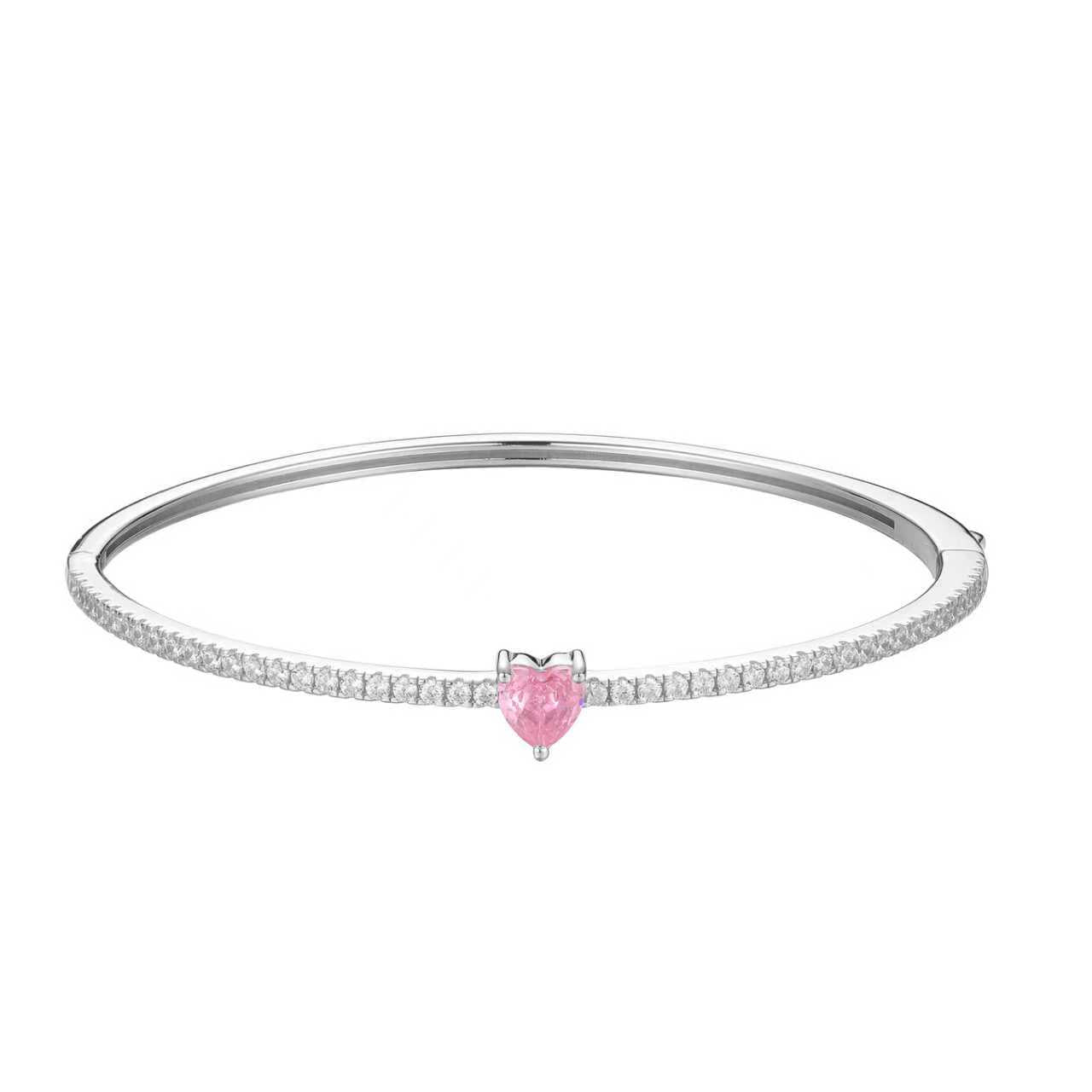 Amora Pink Heart Bracelet -  Rhodium-Plated Solid S925, Sterling Silver